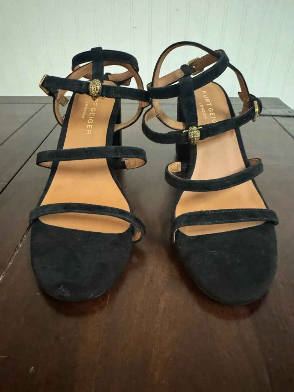 Kurt Geiger Black Strappy Velvet Block Heel Sandal with Gold Accents - Picture 2 of 7
